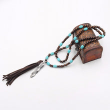 Leather-Tassel-Turquoise-Wood-Beads-Feather-Necklace